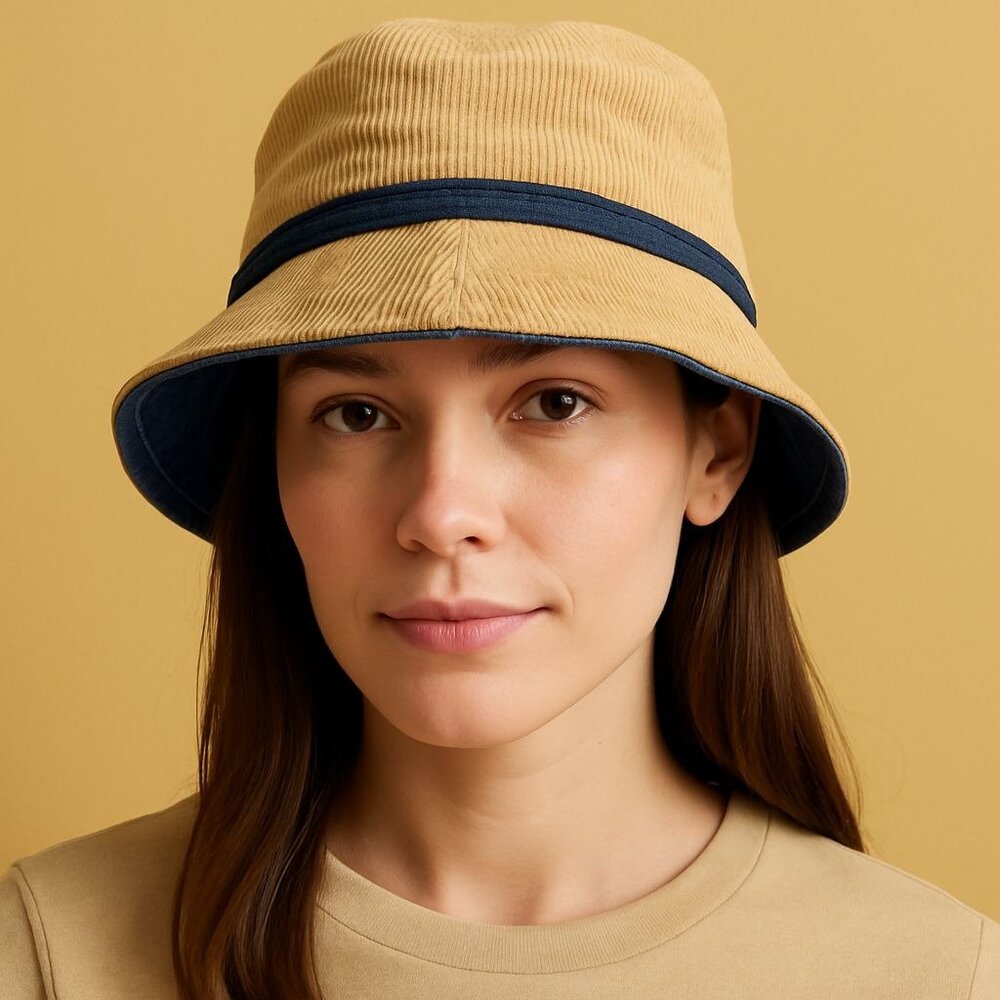 Vintage Tan Corduroy Bucket Hat One Size Beige Blue Denim Brim Y2K Retro Street